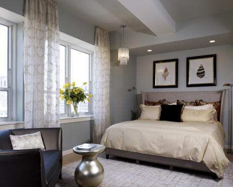 Contemporary Bedroom with upholstered wing back head board