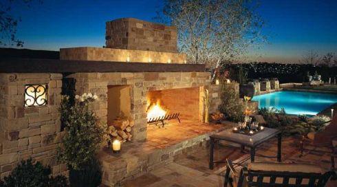 Contemporary Patio with grandiose outdoor fireplace