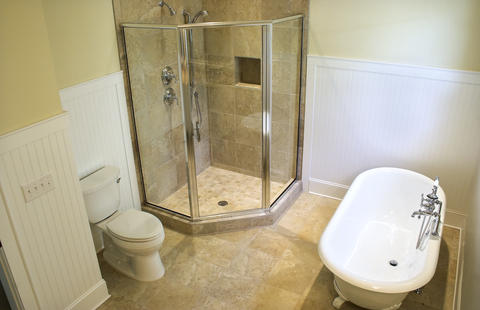 Traditional Master Bathroom with glass shower walls
