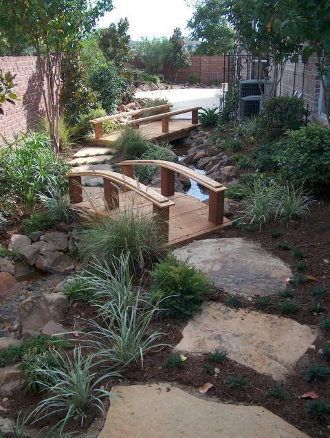 Transitional Landscape with tall red brick privacy wall
