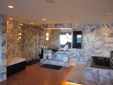 Modern Master Bathroom with white and gray marble tile wall covering