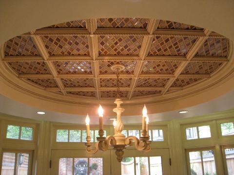 Eclectic Dining Room with glass tile ceiling detail