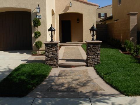 Contemporary Walkway with stained concrete border