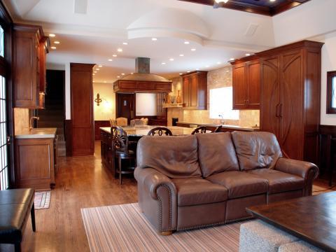 Traditional Living Room with unique raised panel cabinets