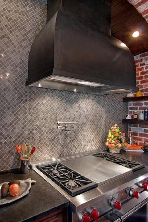 Eclectic Kitchen with silver chrome pot filler faucet