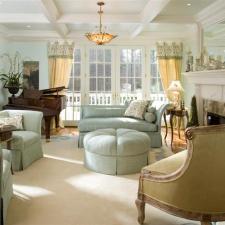Traditional Living Room with white colonial detailed fire place mantel