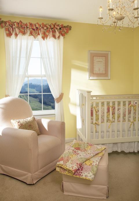 Traditional Kids Room with white and pink stripped chair