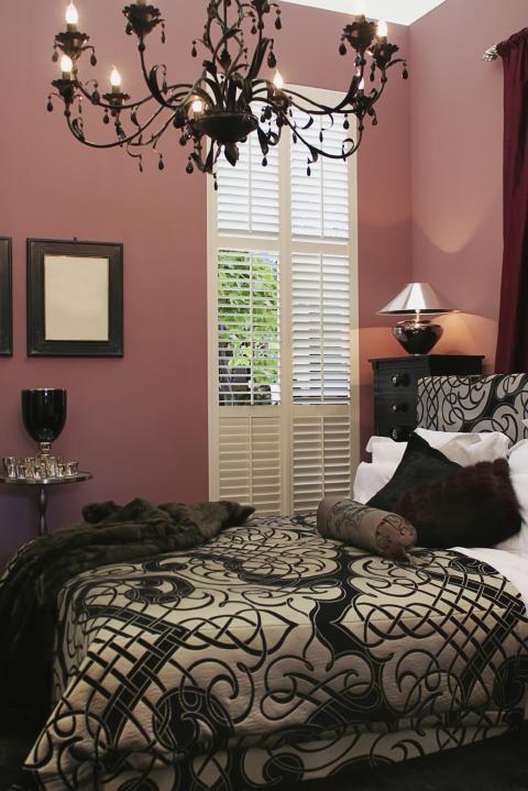 Transitional Bedroom with black base table lamp with white shade