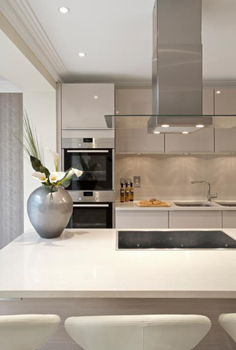 Modern Kitchen with glass and stainless steel hood