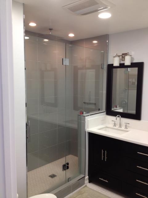 Contemporary Bathroom with stainless steel cabinet hardware