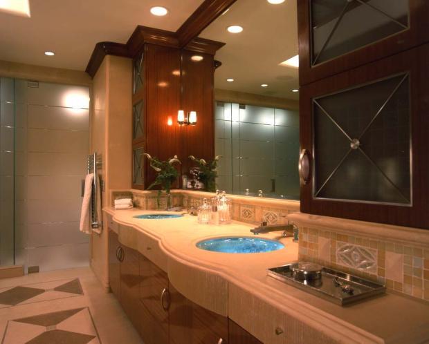 Contemporary Master Bathroom with rich mahogany wood polished finish