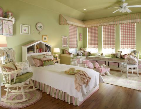 Transitional Kids Room with built-in window bench with storage