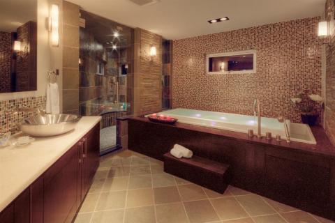 Transitional Bathroom with stainless steel vessel sink
