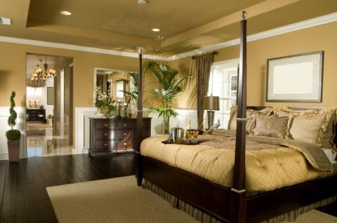 Transitional Bedroom with hand scraped flooring