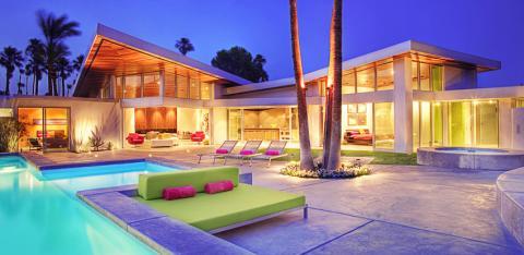 Contemporary Patio with green and pink cushions