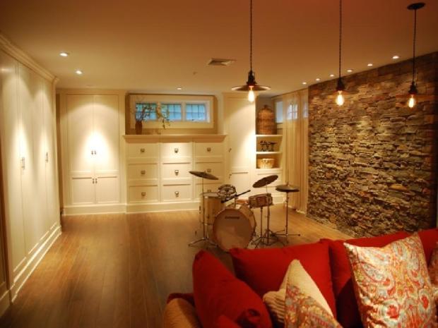 Arts & Crafts Living Room with ledger stone accent wall