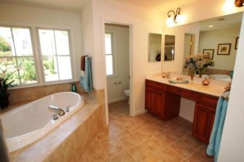 Transitional Master Bathroom with dark wood vanity cabinet