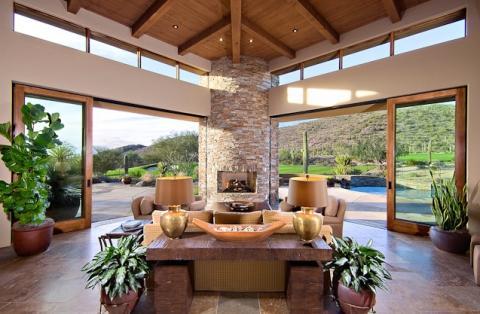 Traditional Family Room with large living room windows