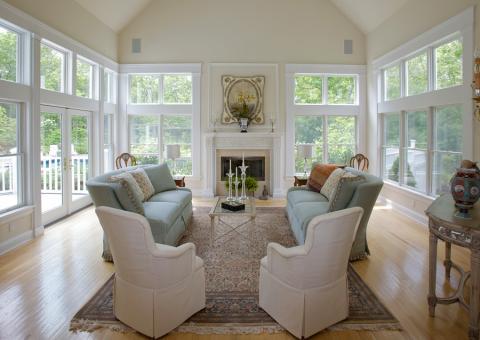 Traditional Living Room with stone white fire place surround