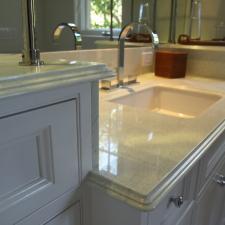 Transitional Master Bathroom with white granite counters