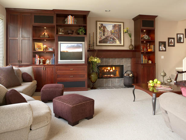 Traditional Family Room with grey tile fireplace surround