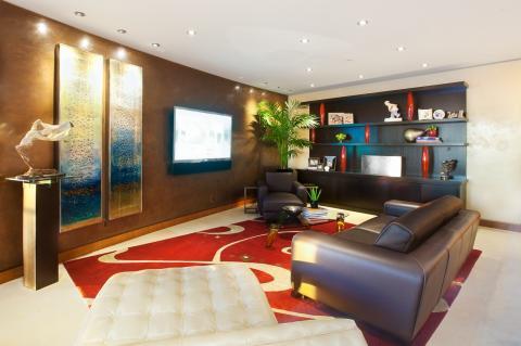 Contemporary Family Room with white leather tufted chaise