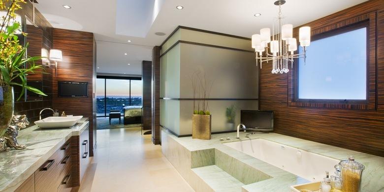 #htmlcaption170 Contemporary Bathroom with dark wood accent wall covering