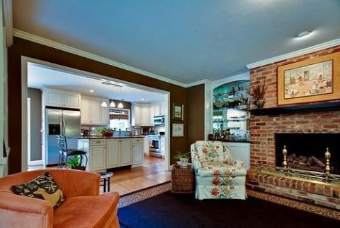 Eclectic Family Room with side by side refrigerator with ice and water dispenser