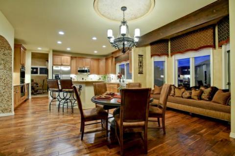 Traditional Dining Room with black metal bar stool seating