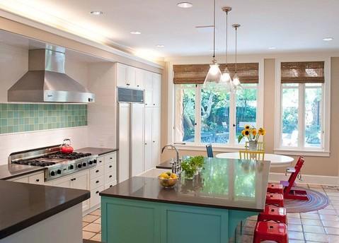 Eclectic Kitchen with custom white cabinets
