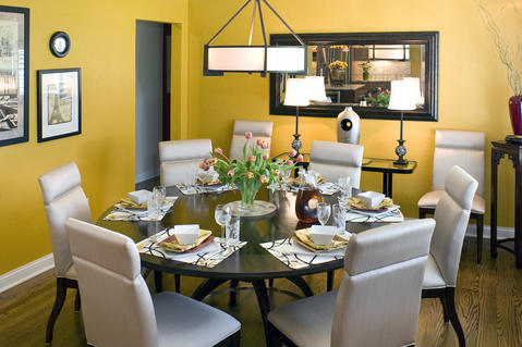 Modern Dining Room with grey silk dining chairs