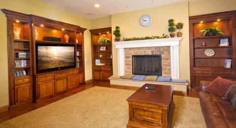 Traditional Family Room with dark wood built-in entertainment center