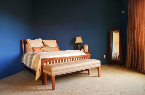 Contemporary Bedroom with free standing full length mirror
