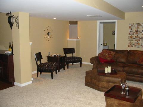 Traditional Basement with dark brown leather ottoman