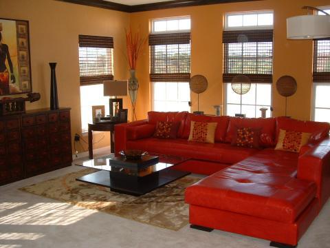 Contemporary Family Room with large arched floor lamp with white shade