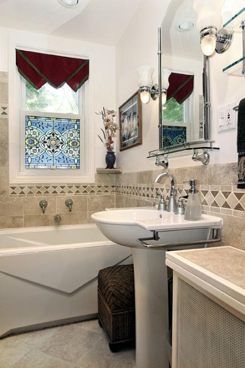 Eclectic Bathroom with faucet fixture mounted on wall