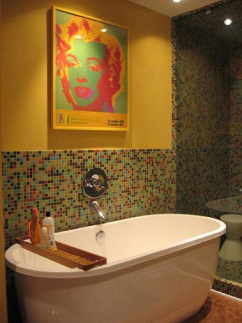 Eclectic Bathroom with small colorful tile shower stall wall covering