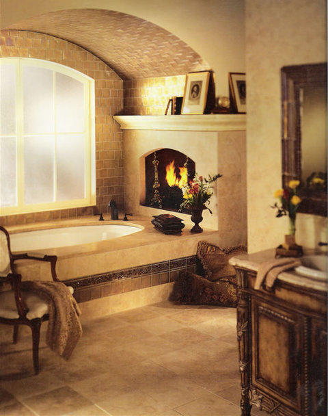 Traditional Bathroom with drop in tub with tile surround