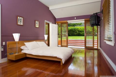 Contemporary Bedroom with silver bedside lamps with white shades
