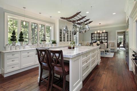 Transitional Kitchen with distressed white wood dinning table and chairs