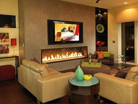 Contemporary Living Room with large circle brown upholstered ottoman