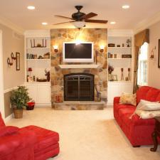 Traditional Family Room with red microfiber sofa and chaise lounge