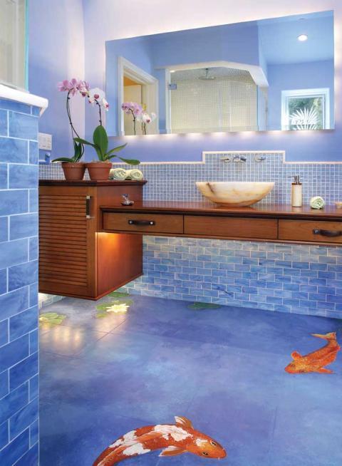 Eclectic Bathroom with floor has mural of coy pond painted on it