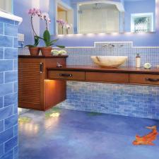 Eclectic Bathroom with floor has mural of coy pond painted on it