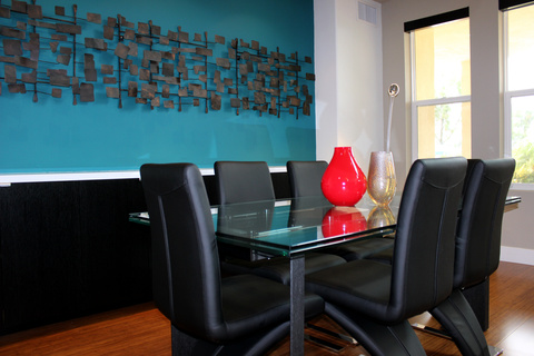 Modern Dining Room with black upholstered dining chairs