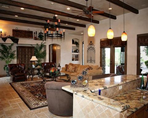 Traditional Family Room with large dark wood antique cabinet