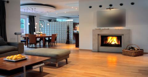 Contemporary Family Room with round drywall detail over dining table