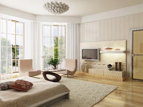 Contemporary Bedroom with modern style glass top round table with wooden base