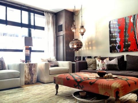 Eclectic Living Room with large black framed windows