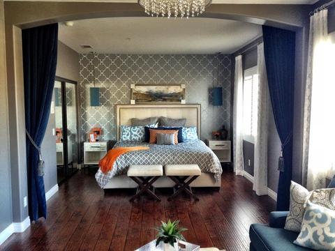 Transitional Bedroom with mirrored sliding closet doors